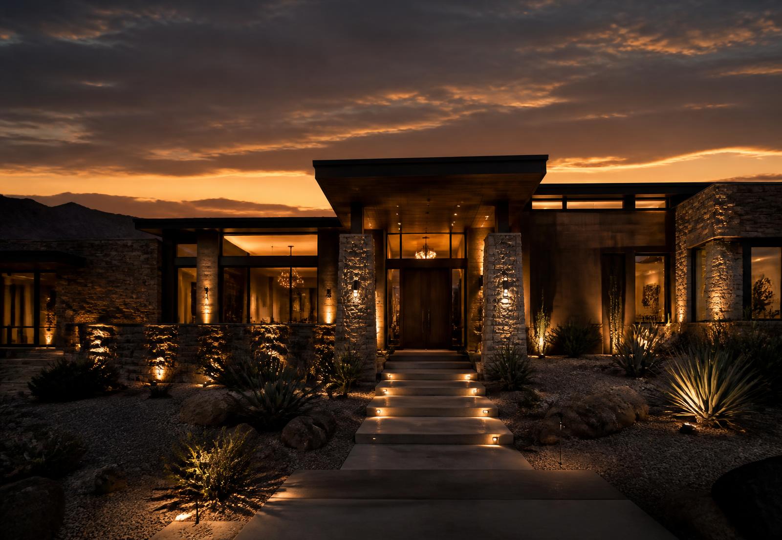 Residencia contemporánea iluminada al atardecer en Chihuahua